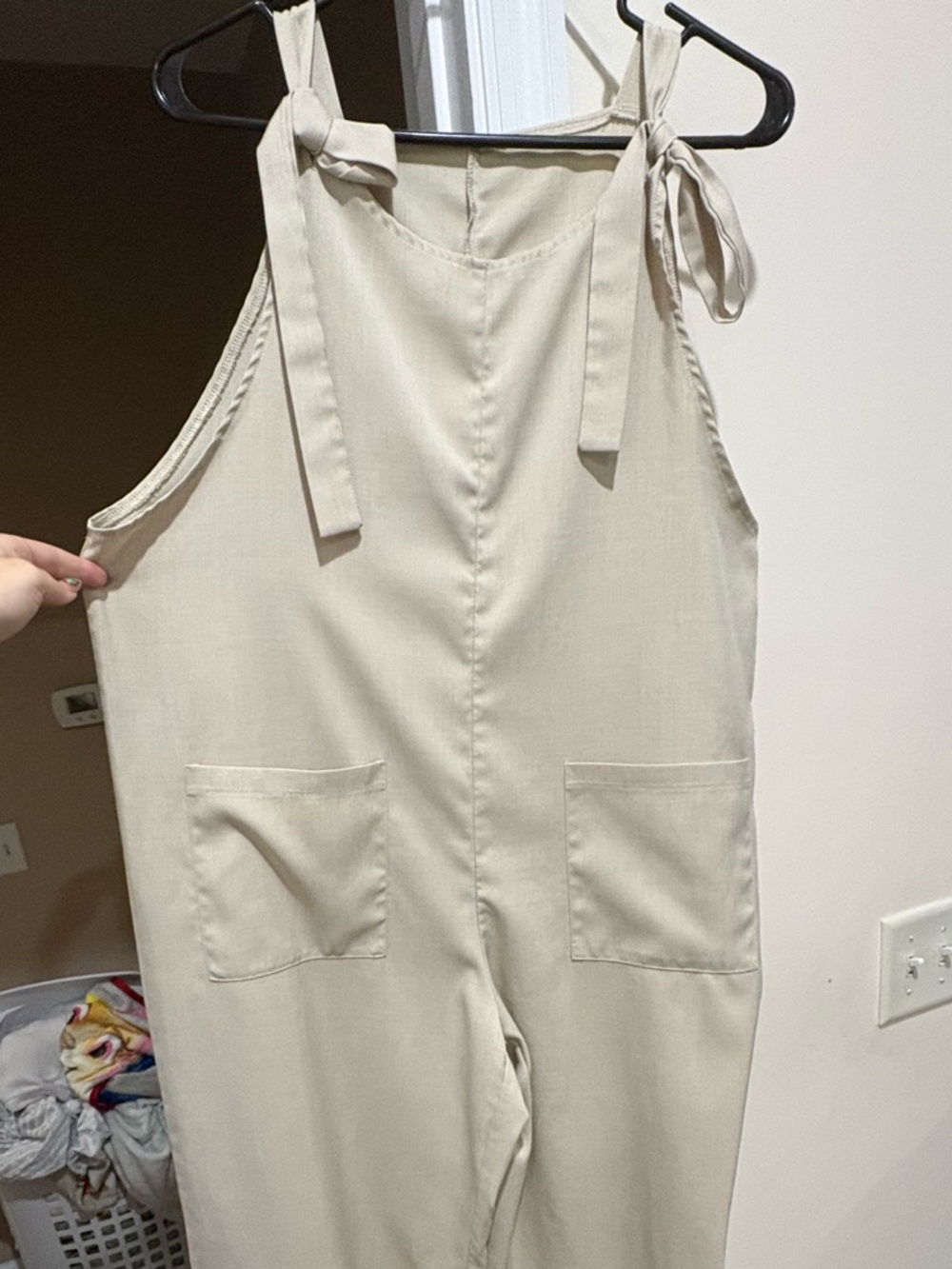 SHEIN Beige Tie-Shoulder Jumpsuit with Front Pockets